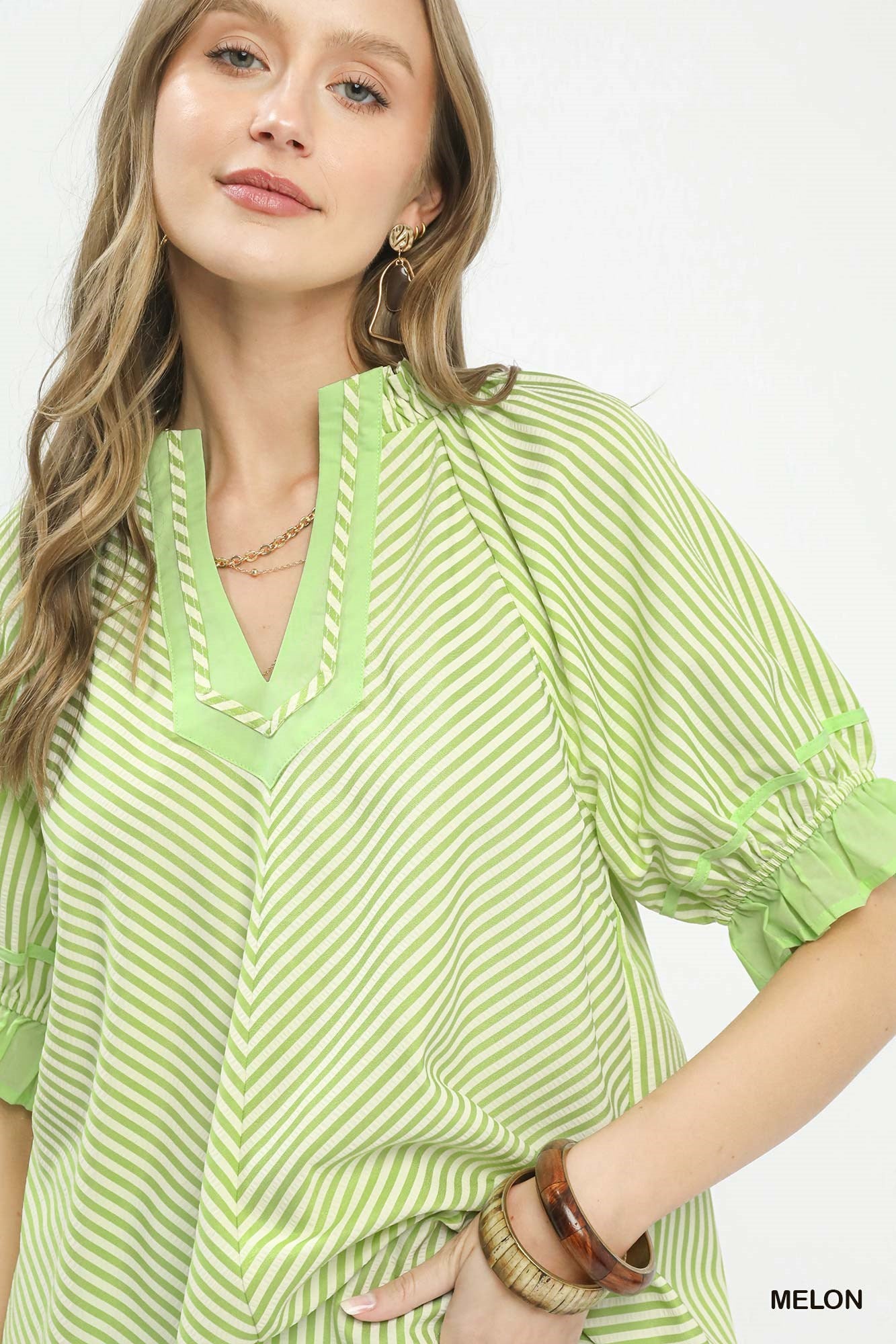 Stripe Ruffle Split Neck Blouse -