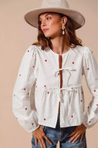 Front Tie Heart Puff Sleeve Blouse -