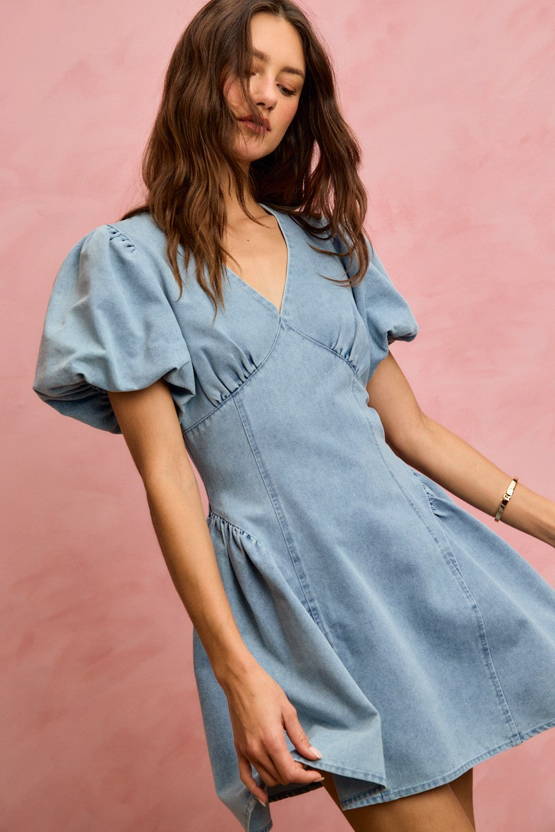 Denim Puff Sleeve Mini Dress -
