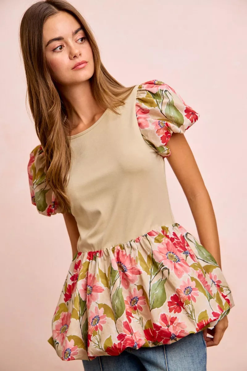 Floral Print Bubble Sleeve Peplum Top -