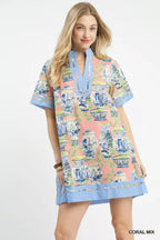 Abstract Print Collared Shift Dress -