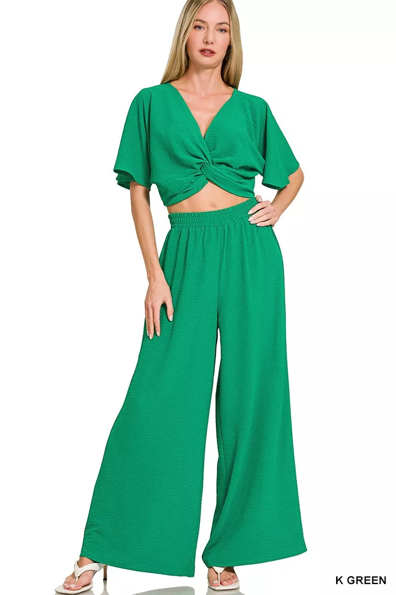 K Green Airflow Twist Top Wide Leg Set - K GREEN