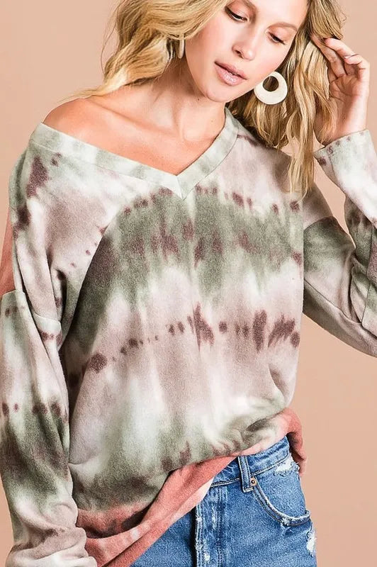 Brushed Tie Dye V Neck Top -