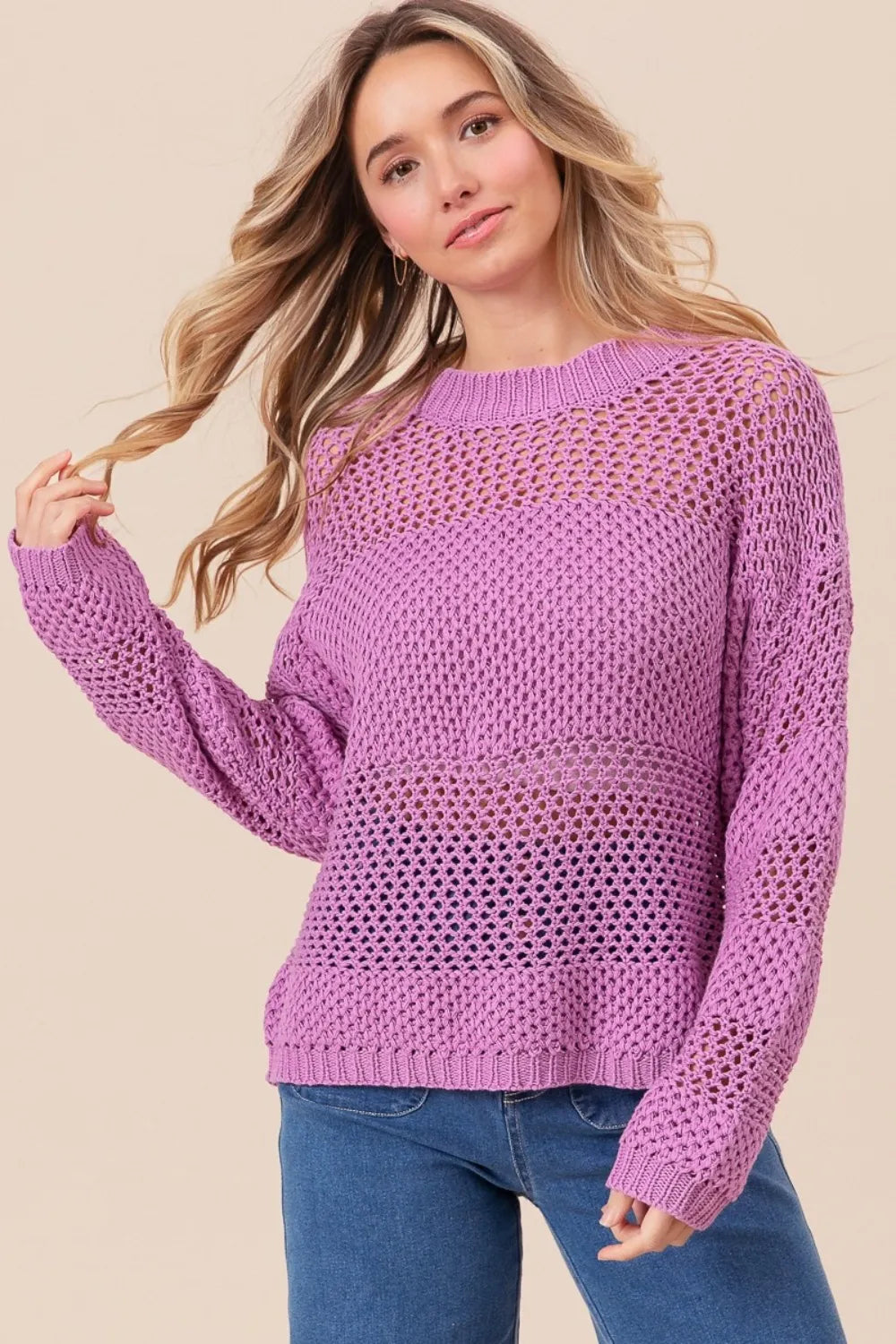 Openwork Long Sleeve Knit Sweater - Berry
