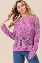 Openwork Long Sleeve Knit Sweater - Berry