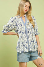Blue Mixed Print Split Neck Blouse -