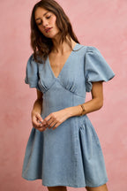 Denim Puff Sleeve Mini Dress -