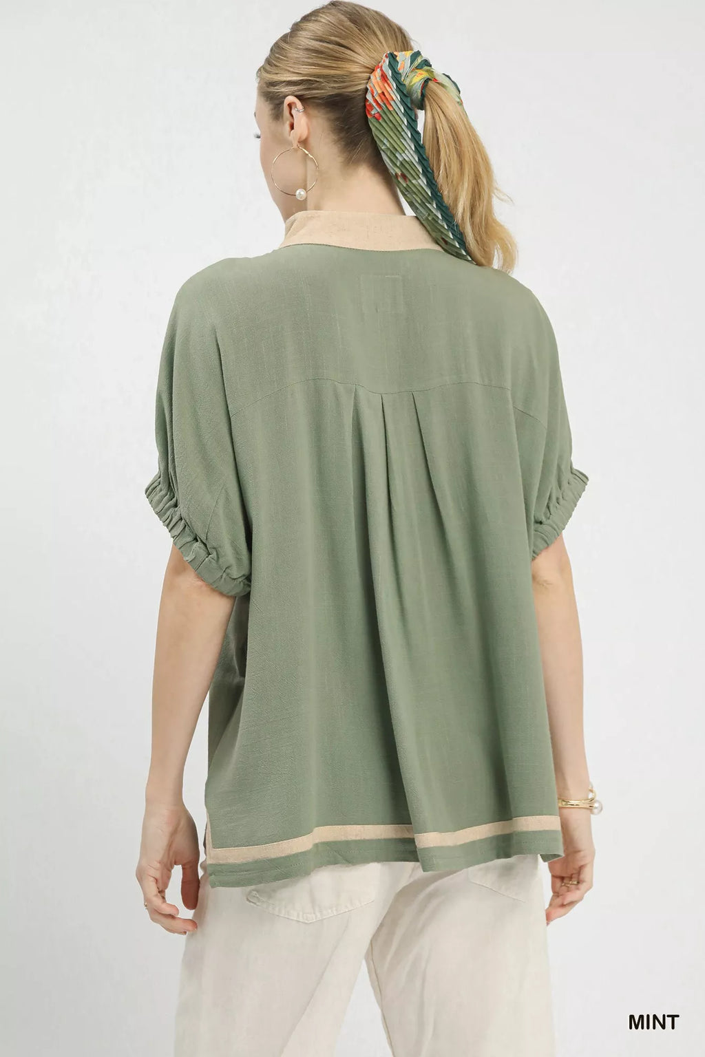 Mint Linen Contrast Trim V Neck Blouse -