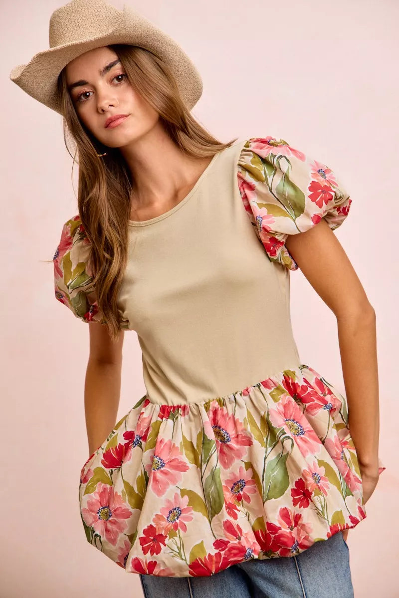 Floral Print Bubble Sleeve Peplum Top -