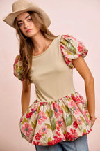 Floral Print Bubble Sleeve Peplum Top -