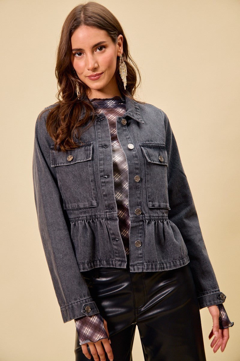 Peplum Pocket Denim Jacket - BLACK Main image