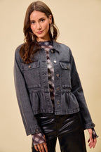 Peplum Pocket Denim Jacket - BLACK
