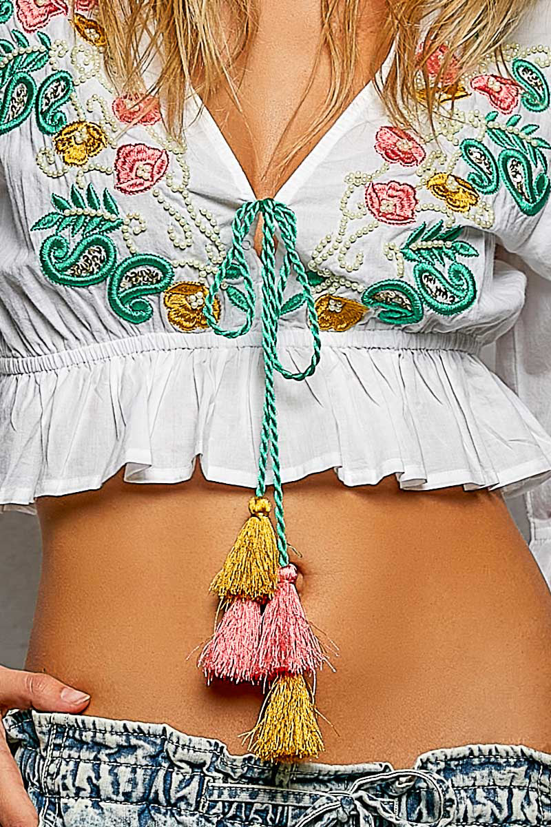 Floral Embroidered Cropped Tie Blouse -