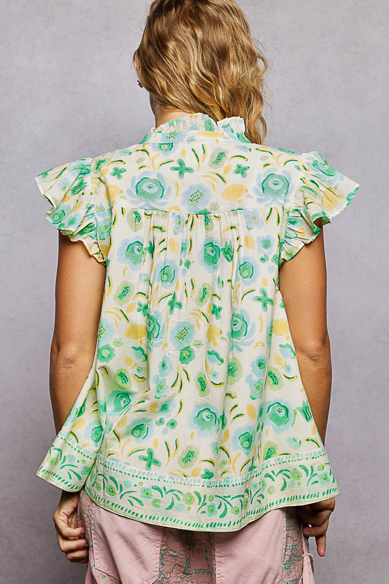 Floral Tassel Tie Flutter Blouse -