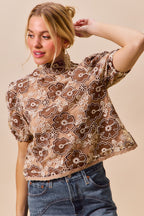 Textured Floral Mesh Puff Top -