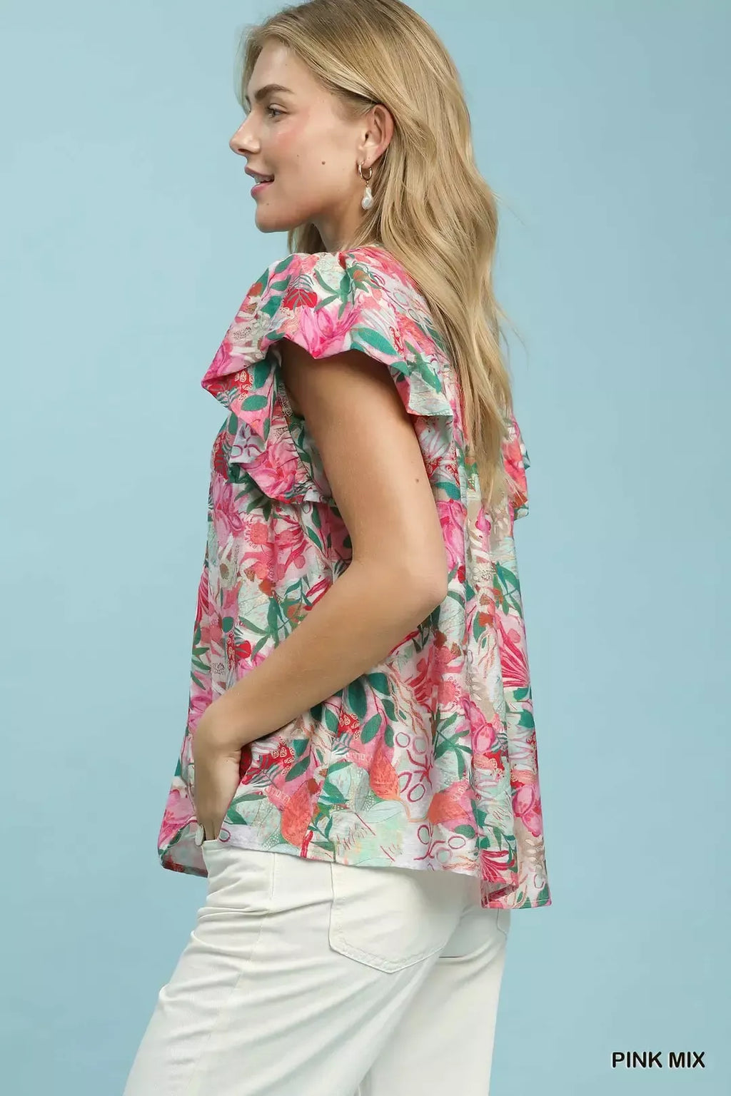 Tropical Ruffle Cap Sleeve Blouse -
