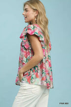 Tropical Ruffle Cap Sleeve Blouse -