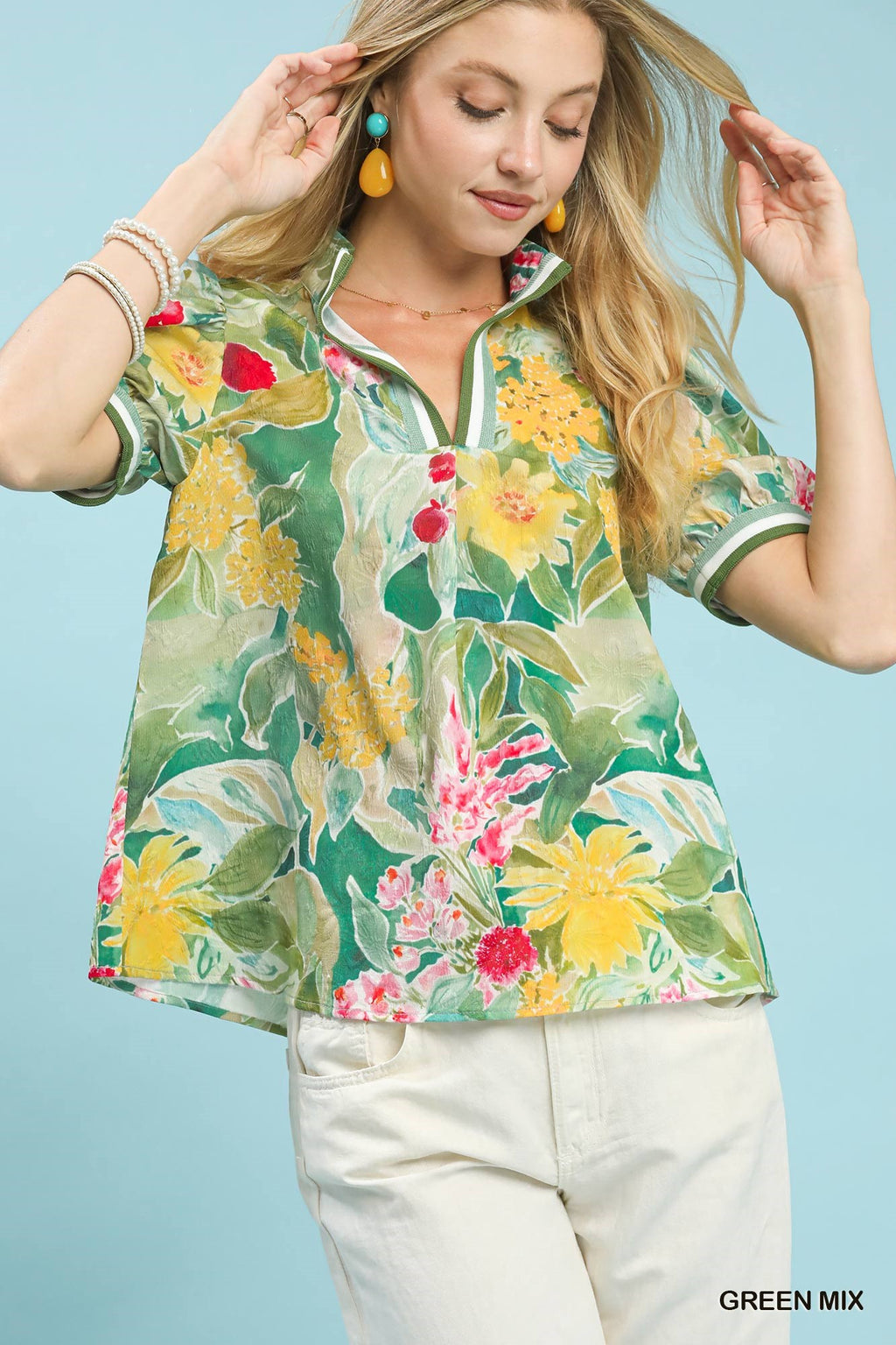 Bloomscape Jacquard Split Neck Blouse - GREEN MIX