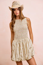 Floral Bow Tie Puff Sleeve Dress -
