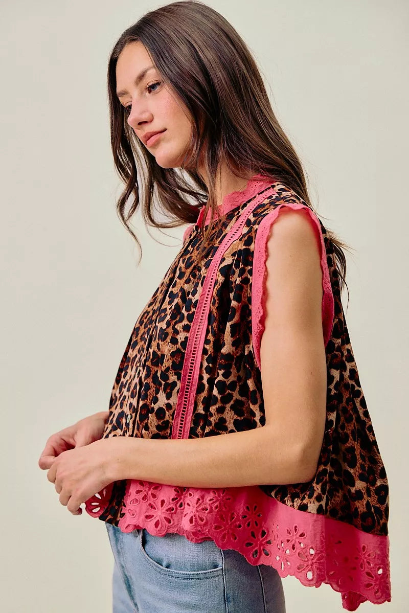 Leopard Pleated Sleeveless Blouse -