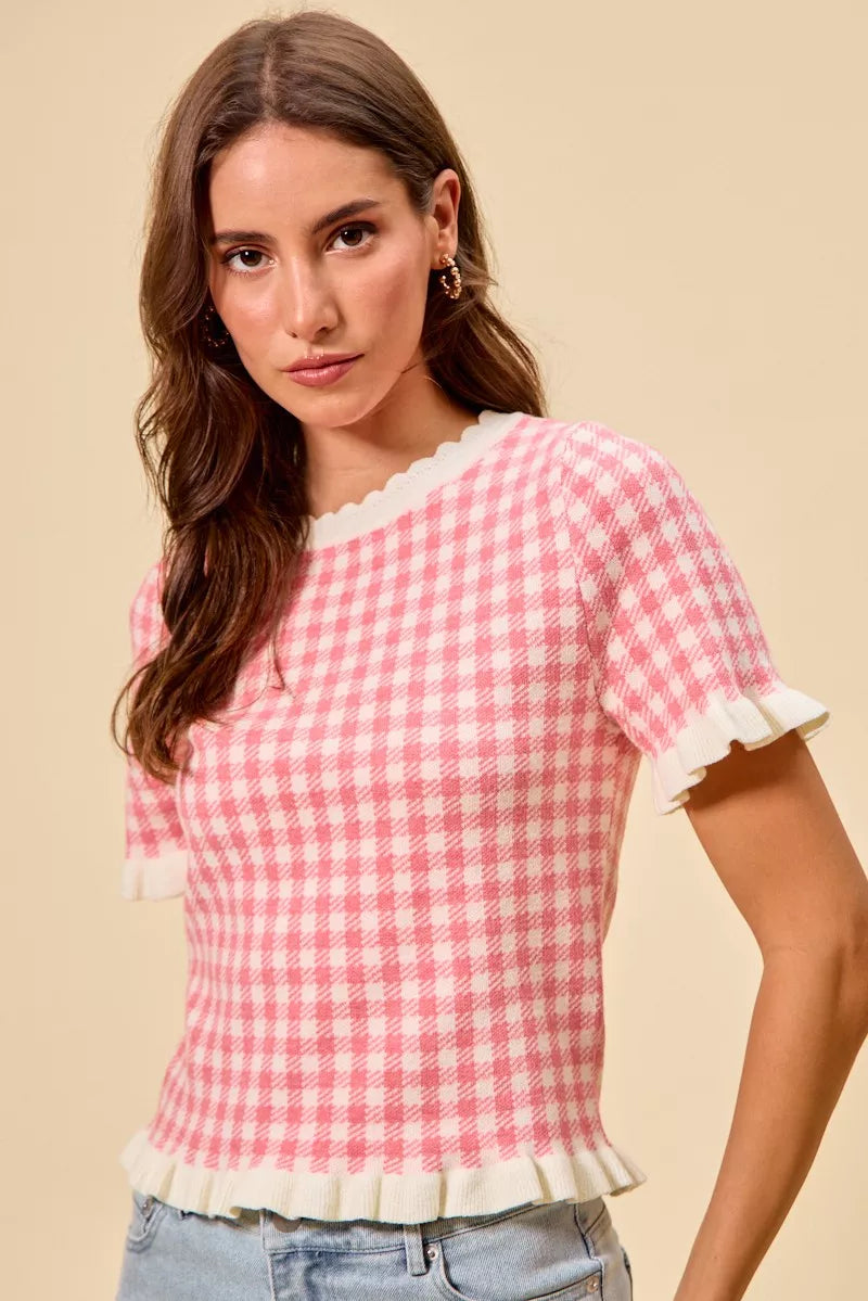 Gingham Ruffle Knit Sweater Top -