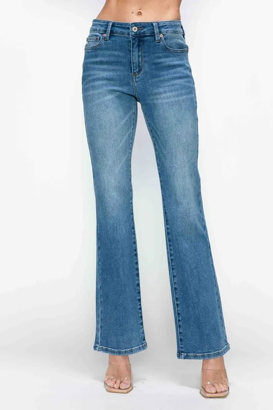 Mid Rise Whisker Wash Bootcut Jeans -