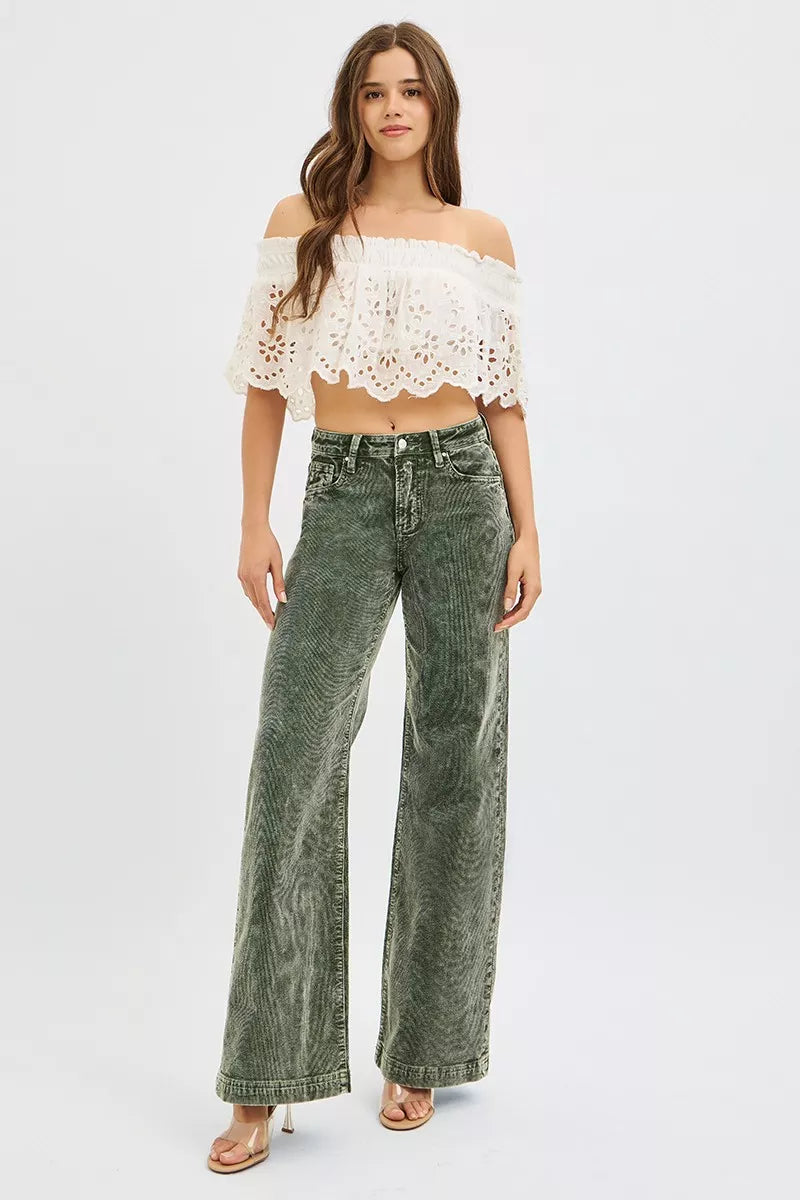 High Rise Corduroy Wide Leg Jeans - FOREST