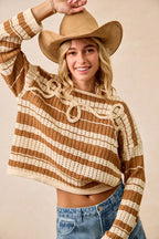 Striped Open Knit Braided Detail Sweater -