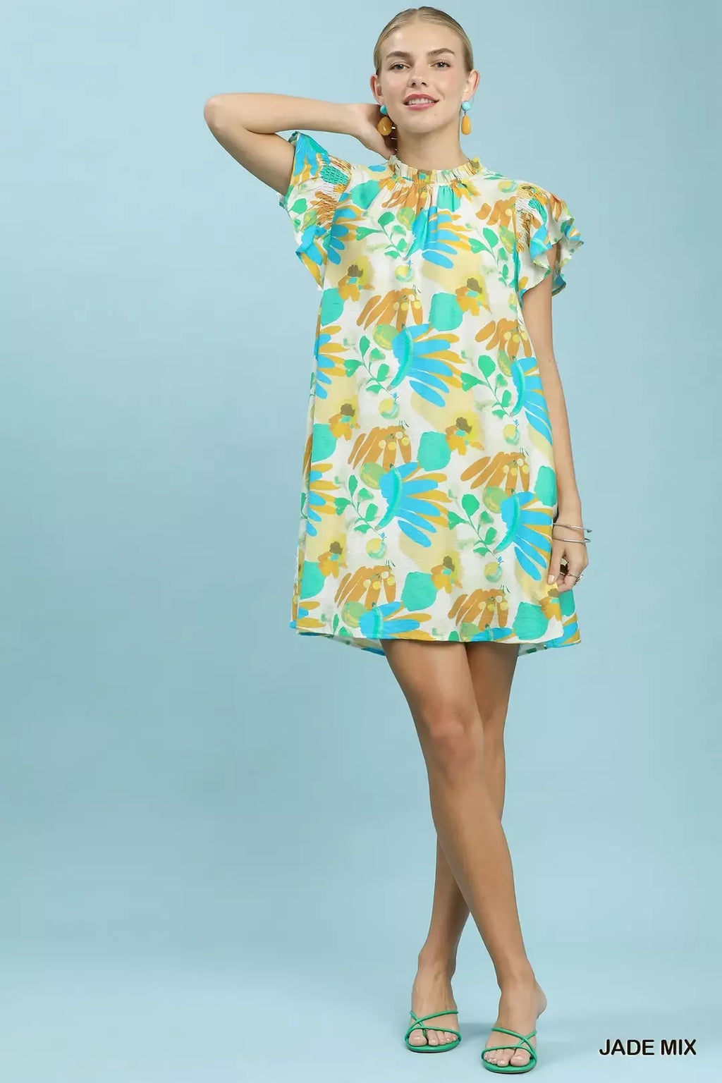 Botanical Ruffle Sleeve Mini Dress - JADE MIX