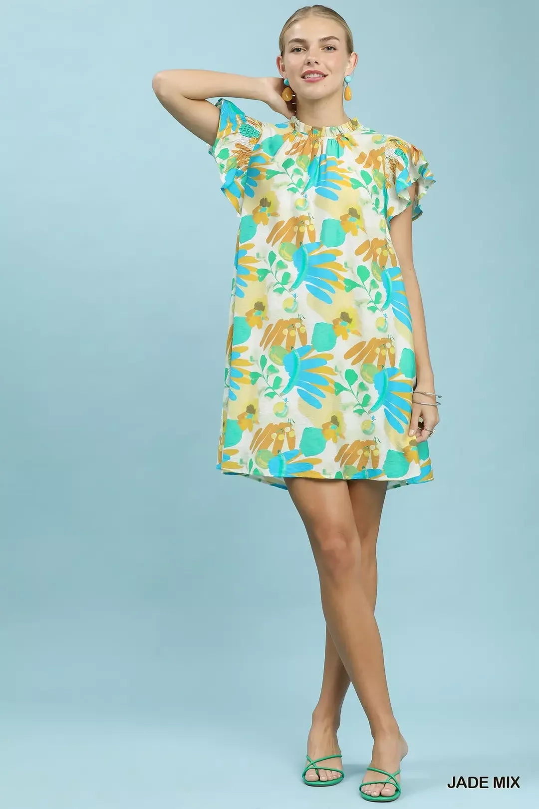 Botanical Ruffle Sleeve Mini Dress - JADE MIX