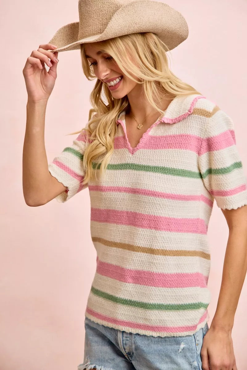 Striped Collared Multi Color Knit Top -