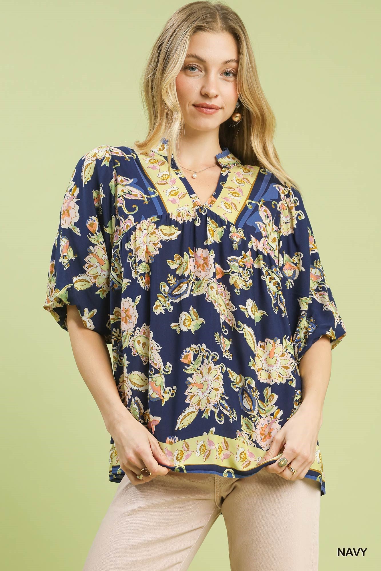Floral Border Print V-Neck Blouse - NAVY Main image