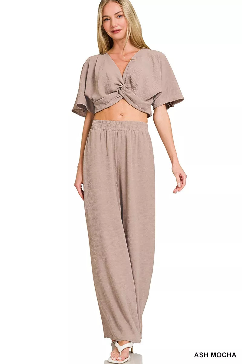 Airflow Woven Twist Top Wide Leg Set - ASH MOCHA