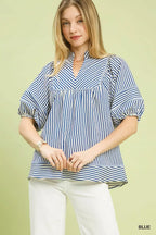 Striped Puff Sleeve Babydoll Blouse - BLUE