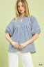 Striped Puff Sleeve Babydoll Blouse - BLUE