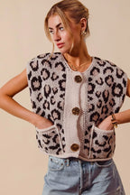 Leopard Metal Button Sweater Vest -
