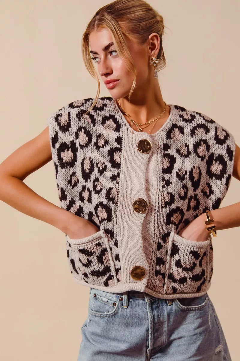 Leopard Metal Button Sweater Vest -