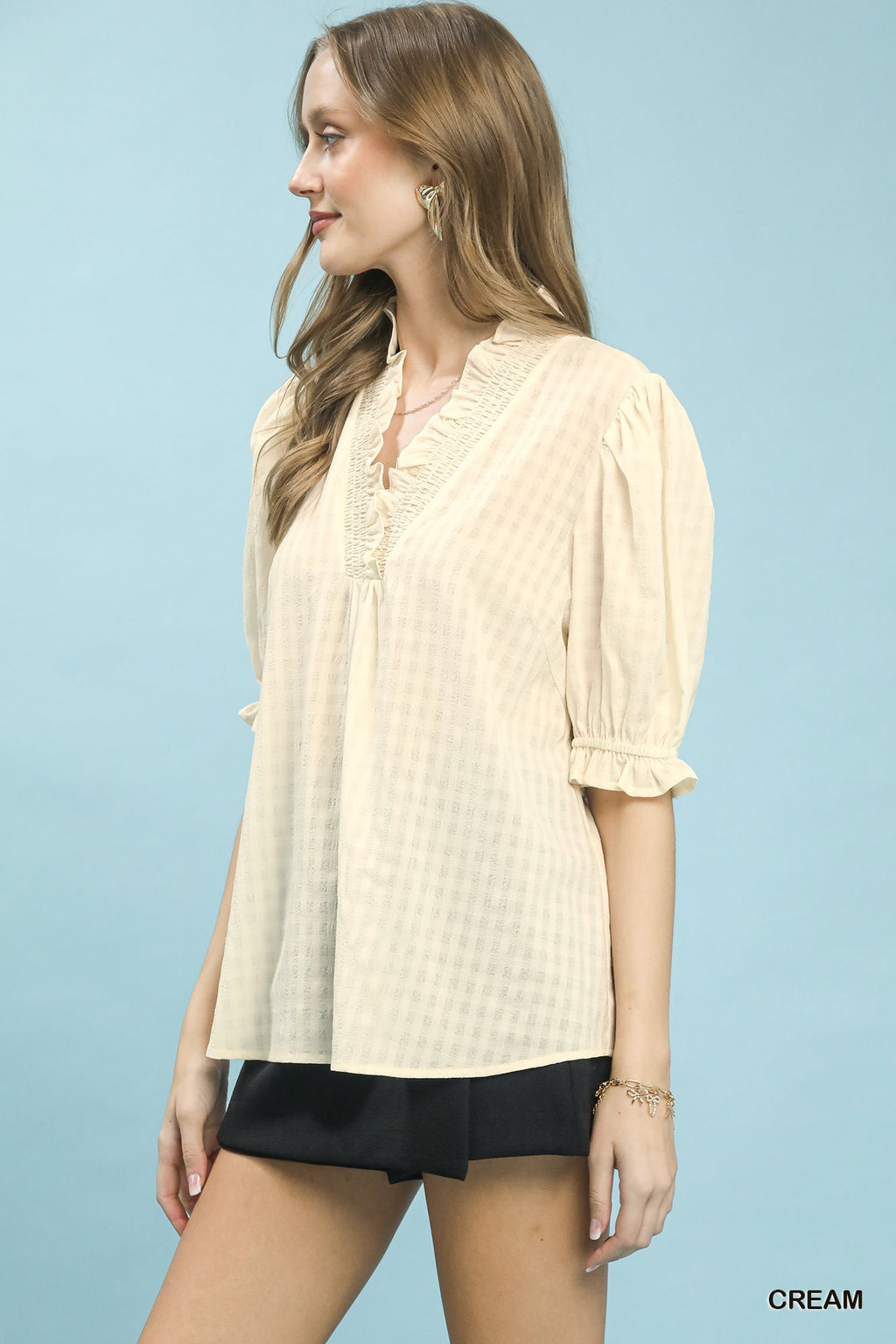 Textured Check Ruffle Neck Blouse -