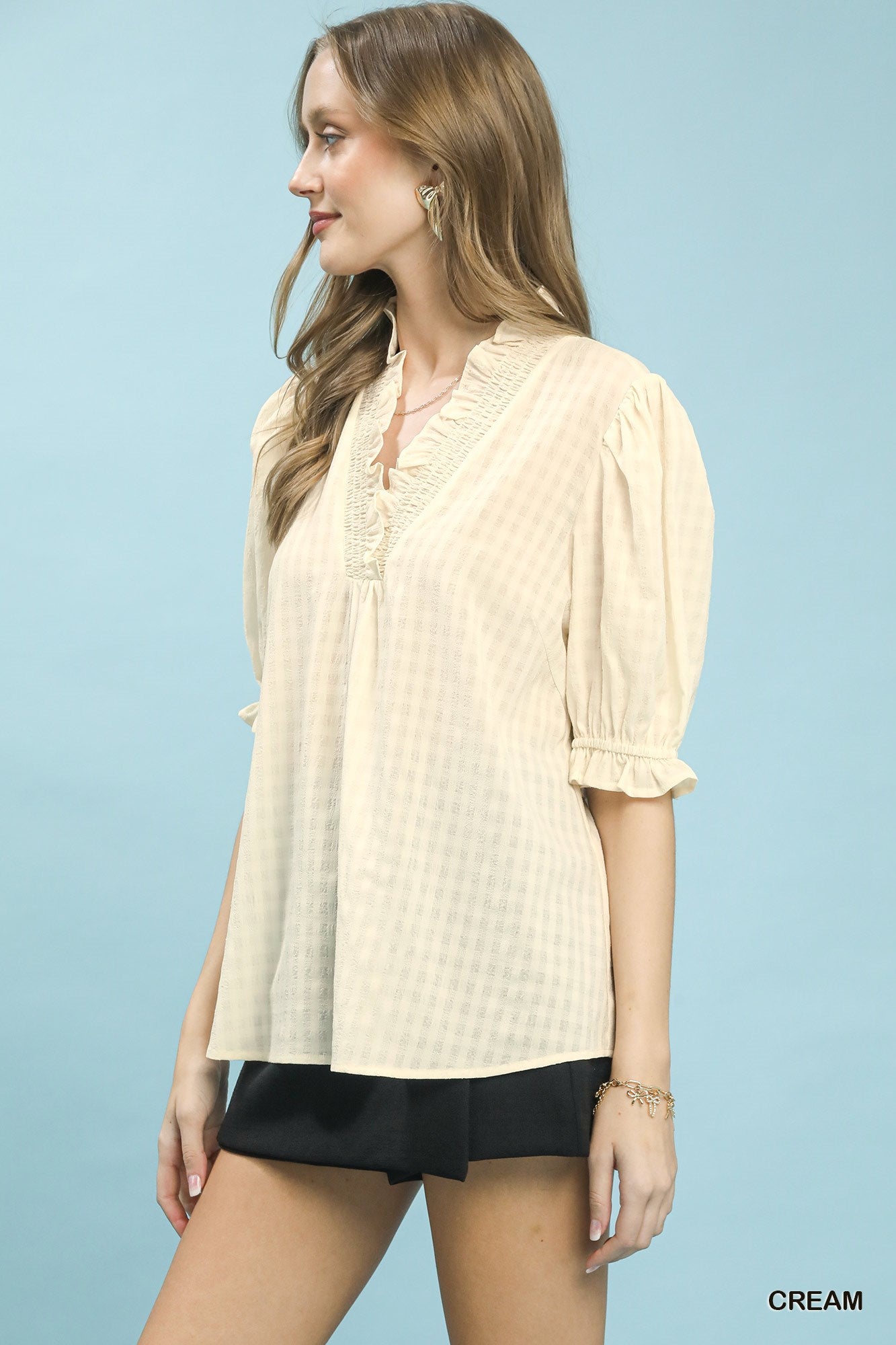 Textured Check Ruffle Neck Blouse -