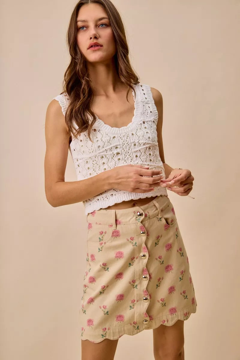 Rose Print Scallop Mini Skirt -