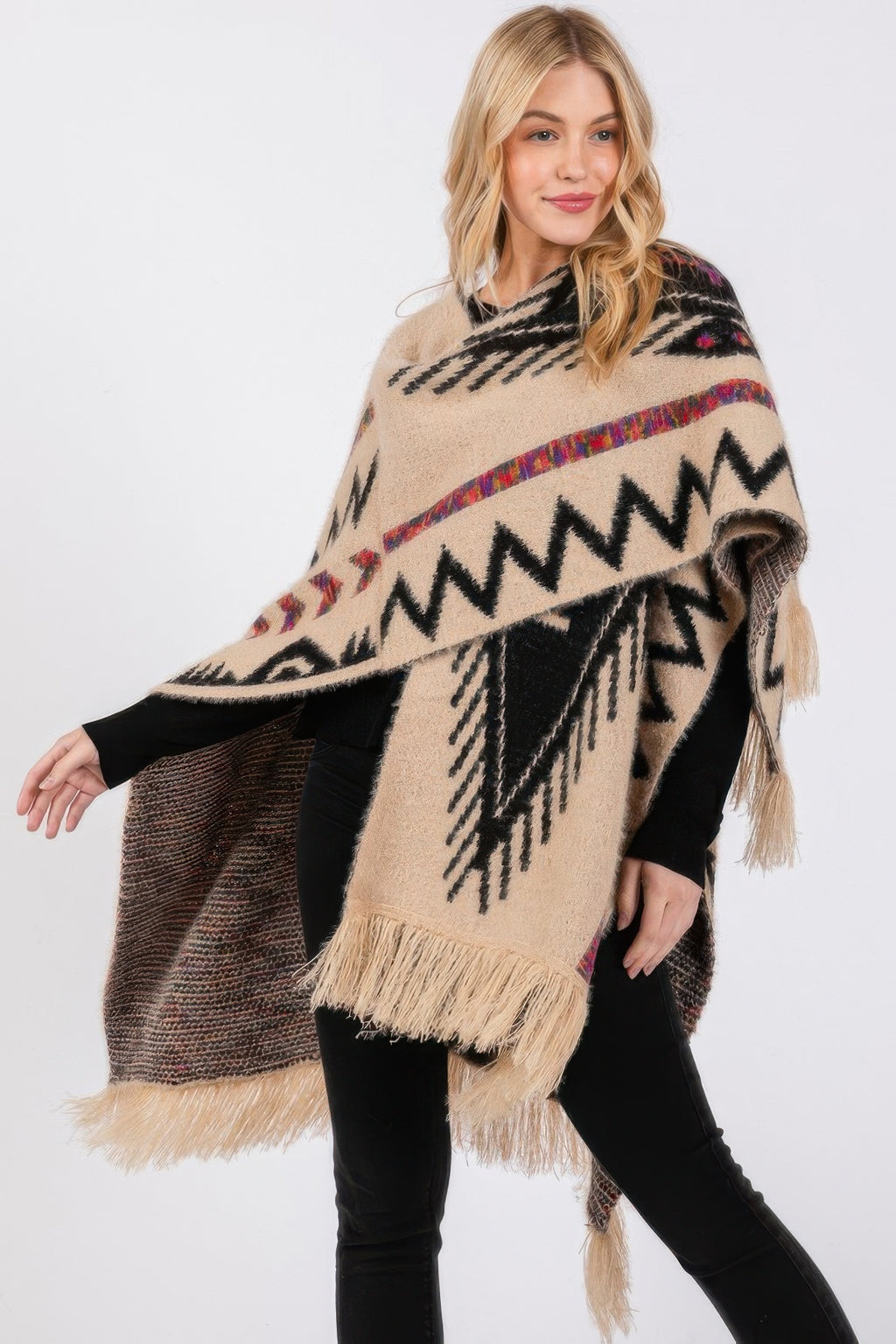 Aztec Tassel Knit Ruana - Taupe One Size Fits Most