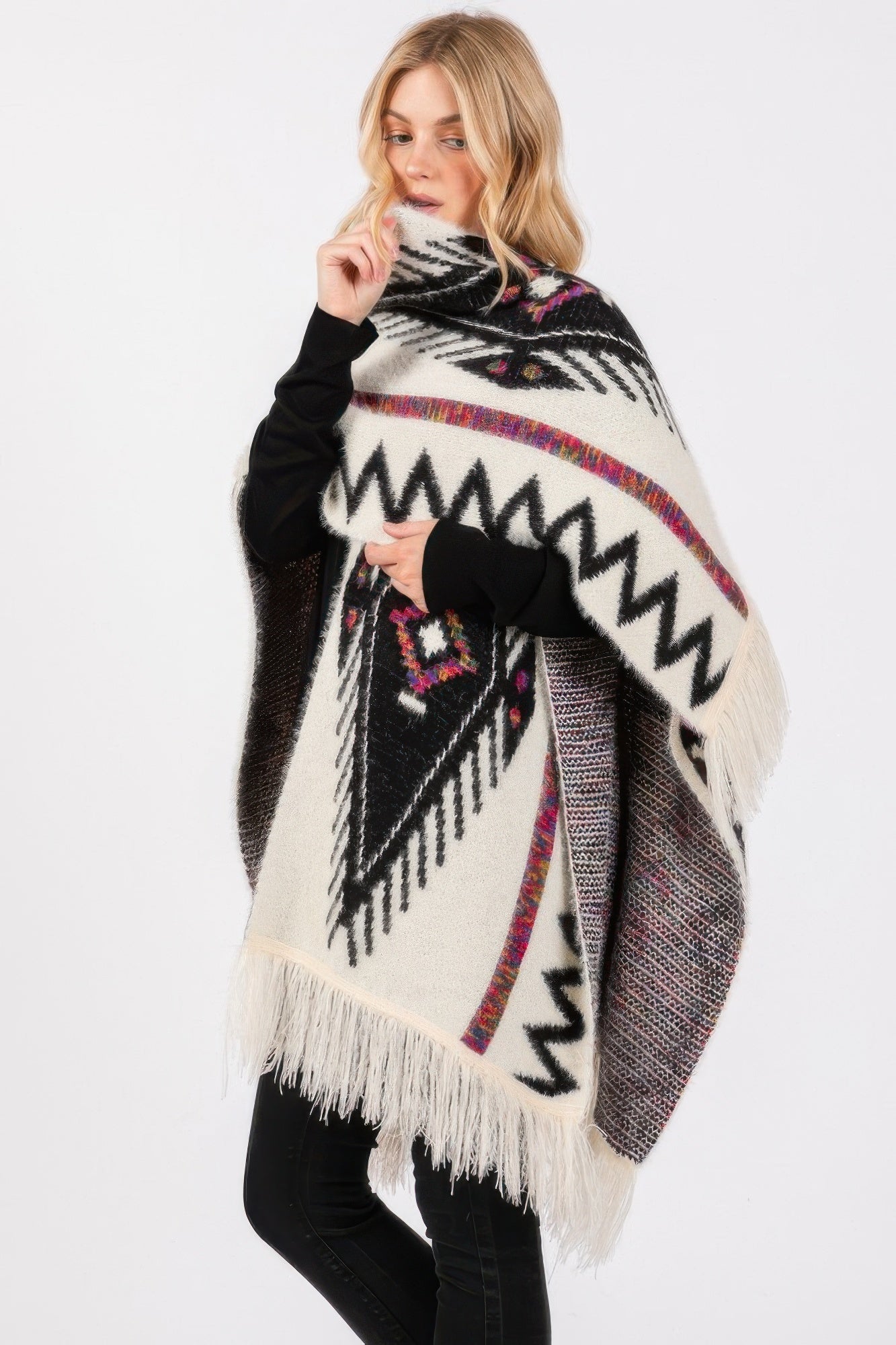 Aztec Tassel Knit Ruana - Ivory One Size Fits Most Main image