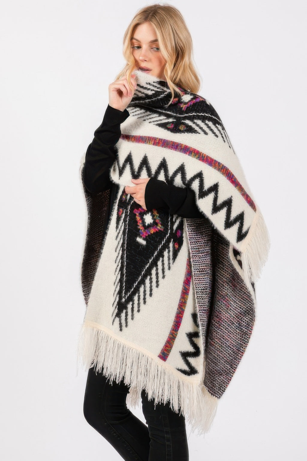 Aztec Tassel Knit Ruana - Ivory One Size Fits Most
