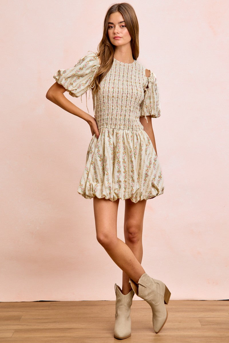 Floral Bow Tie Puff Sleeve Dress - IVORY Main image