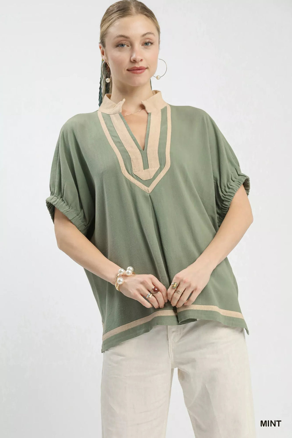 Mint Linen Contrast Trim V Neck Blouse - MINT