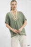 Mint Linen Contrast Trim V Neck Blouse - MINT