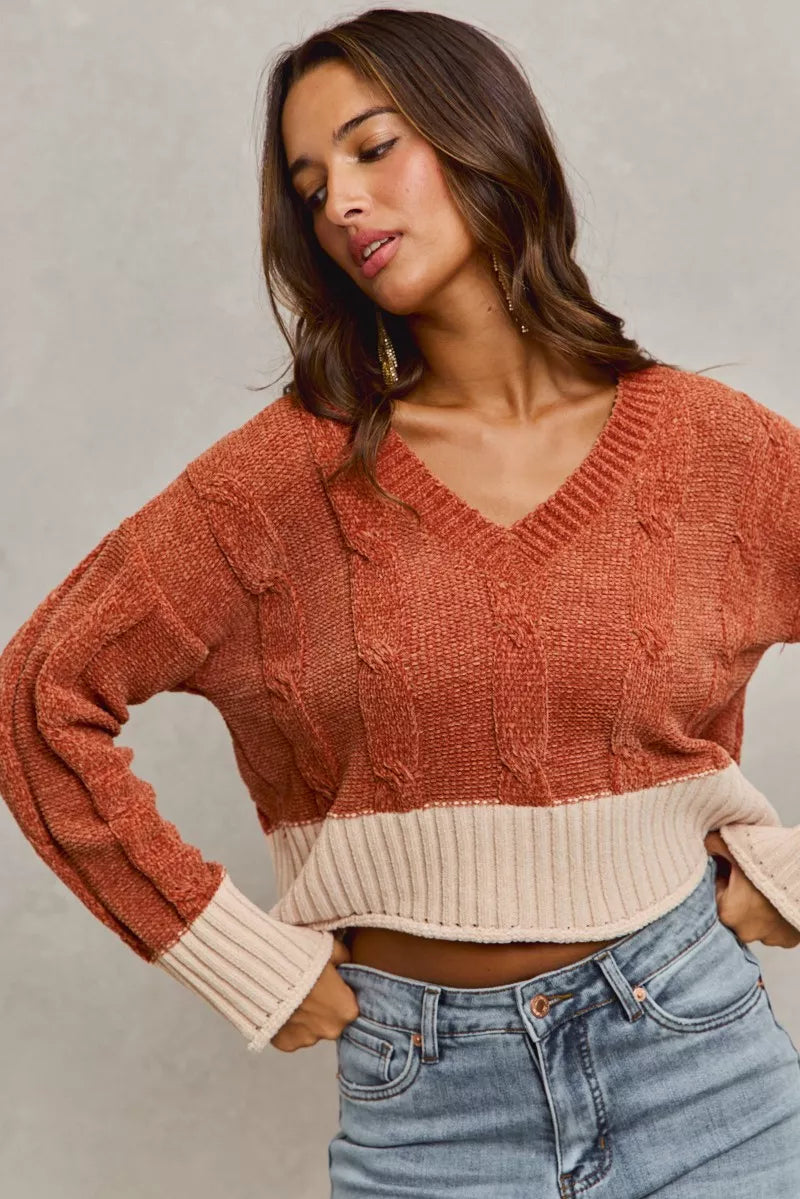 Chenille Cable Knit V Neck Sweater -