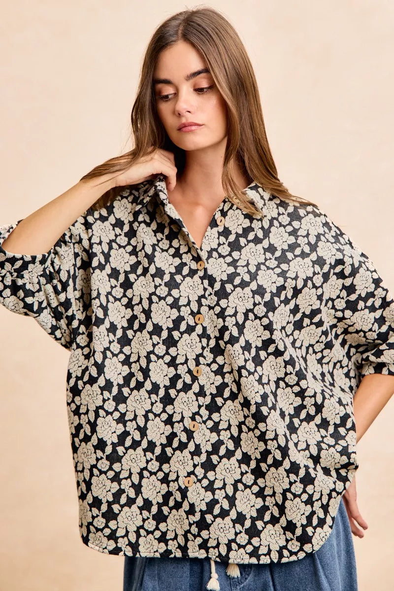 Floral Jacquard Short Dolman Sleeve Shirt -