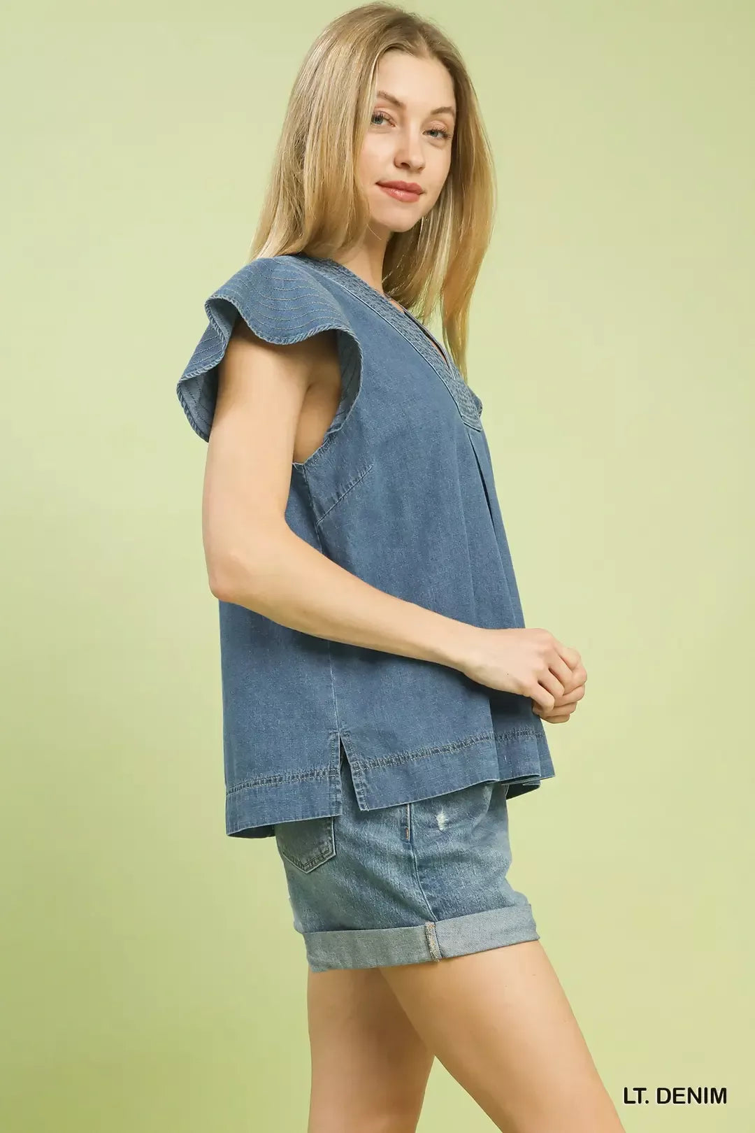 Cap Sleeve Denim Babydoll Top -