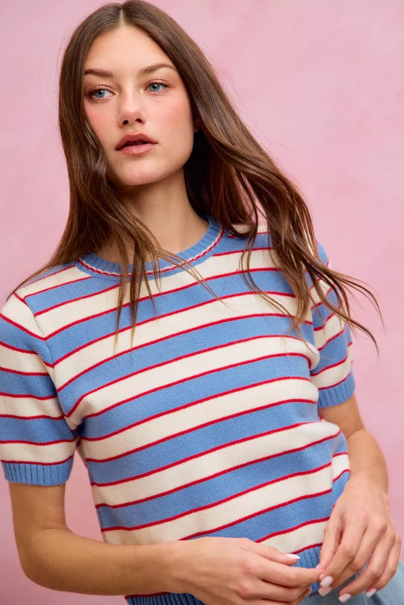 Striped Short Sleeve Knit Sweater -